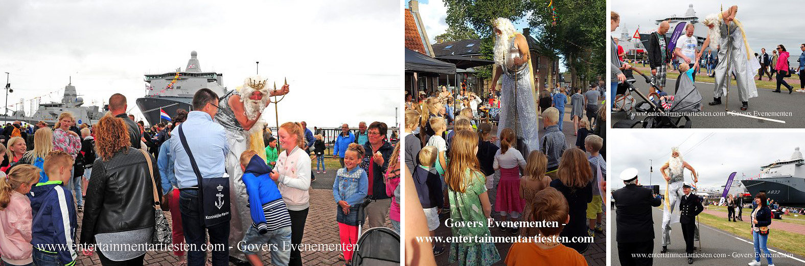 Nautisch- & Maritiem Entertainment, Neptunus op stelten - steltenloper voor themafeesten en festivals stelten act steltentheater, Govers Evenementen, www.goversartiesten.nl