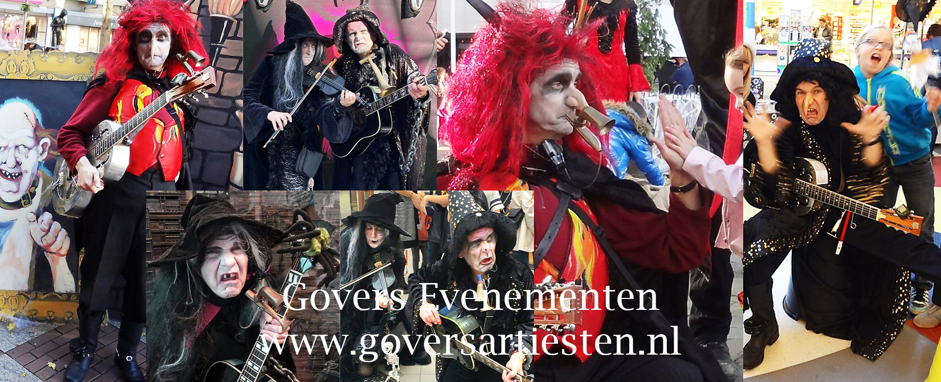 Halloween muzikanten de Spooky's maken lekkere griezelige muziek op straat, muziek boeken, muzikanten, muziektrio, muziekduo, thema muziek, Govers Evenementen, www.goversartiesten.nl